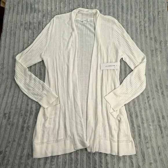 Liz Claiborne Cardigan‎ Sweater Women M White Ribbed Knit Open Front Pockets NWT - Picture 4 of 10